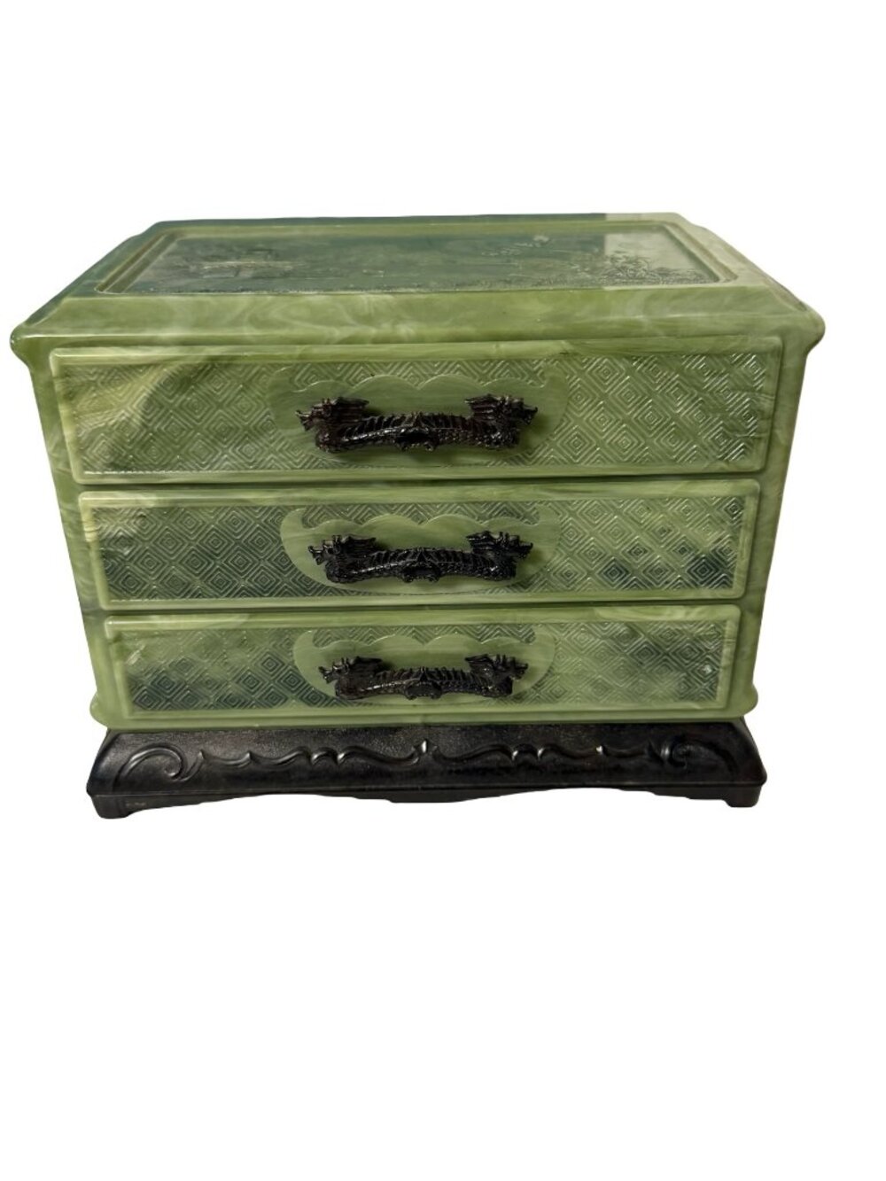 Vintage Faux Jade Green Plastic Jewelry Box 3 Drawer Dragon Chinoiserie